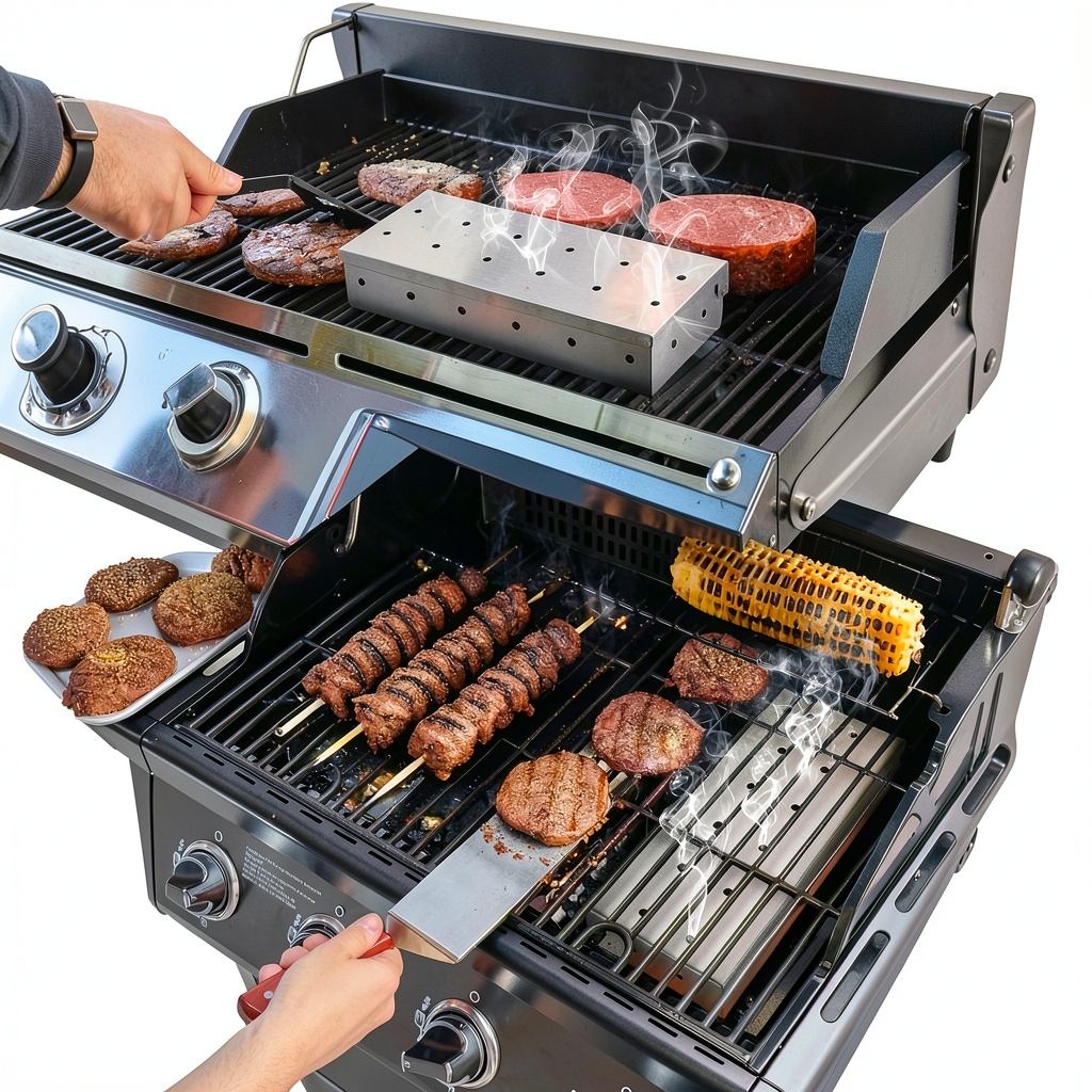MFXMF smoker box placed on a gas grill with wood chips inside