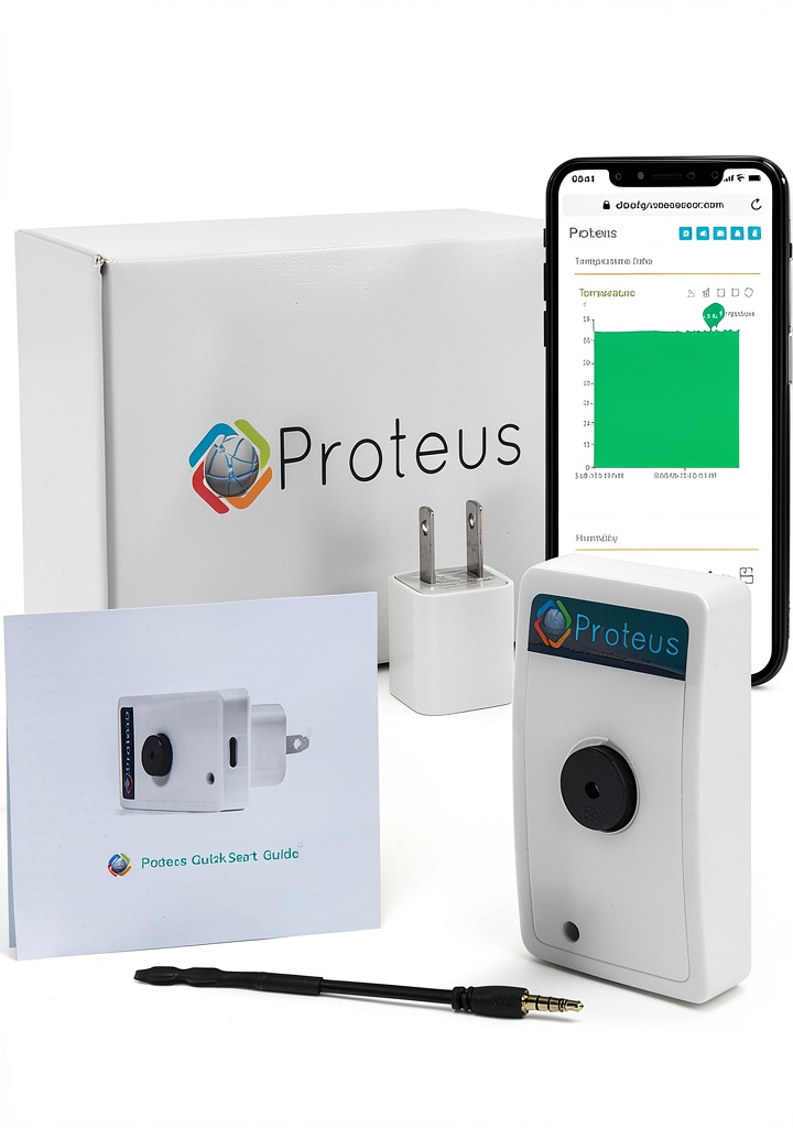Installing WiFi Temperature Humidity Sensor Proteus No Monthly Charges on a wooden desk