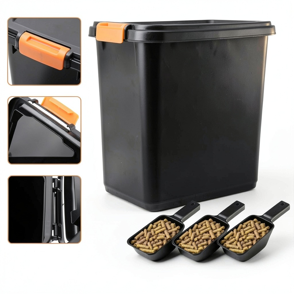 Maxdot pellet storage boxes arranged on a patio table with grill pellets
