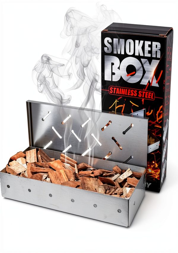 Fving Smoker Box Stainless Steel Hinged Lid Wood Chips-0